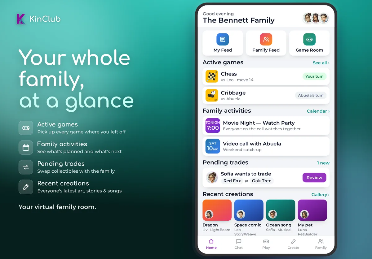 KinClub's family dashboard and chat, shown across devices